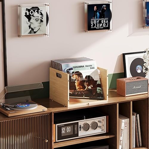 Miniatura 2 de Caja de almacenamiento para álbumes de discos, caja de discos de vinilo acrílico y bambú, caja multifuncional con soporte para discos visible, con