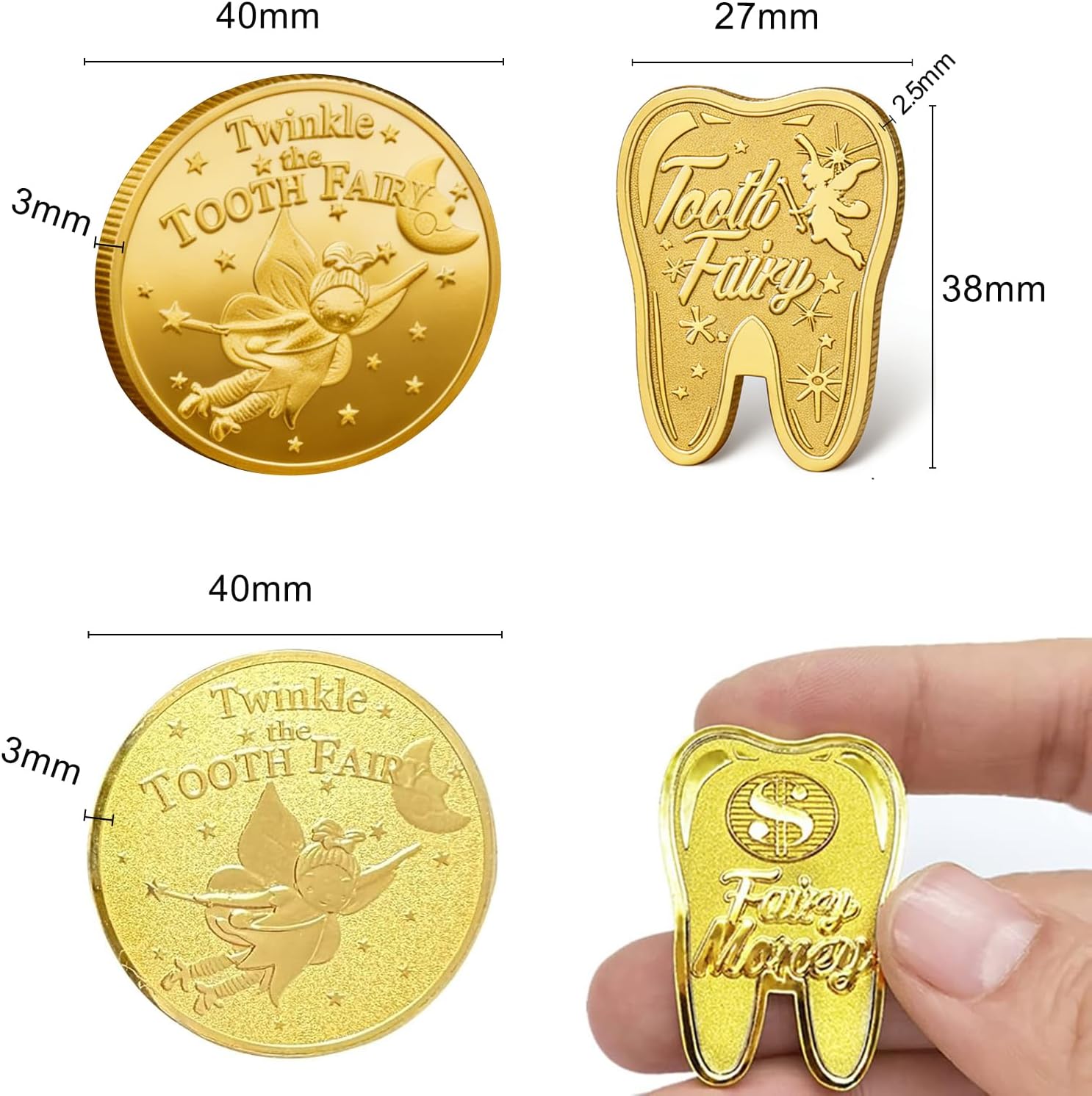Tooth Fairy Coins, WINDSIUUU 10PCS Lost Teeth Reward Commemorative Coin Dental Tooth Fairy Golden Plated Metal Coin Kids Teeth Change Souvenir Christmas Dentistry Dentist Gifts for Lost Tooth Kids