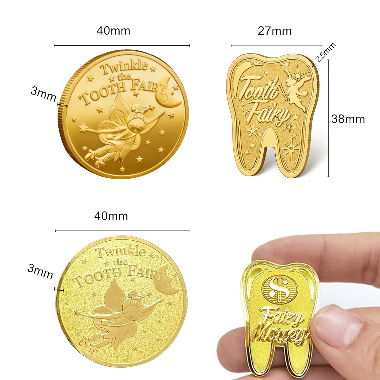 Tooth Fairy Coins, 10PCS Lost Teeth Reward Commemorative Coin Dental Tooth Fairy Golden Plated Metal Coin Kids Teeth Change Souvenir Christmas Dentistry Dentist Gifts for Lost Tooth Kids