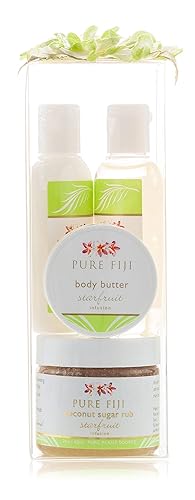 Pure Fiji Regalos de spa para mujeres y hombres. La caja de regalo corporal incluye exfoliante de azúcar, aceite de baño y cuerpo, mantequilla