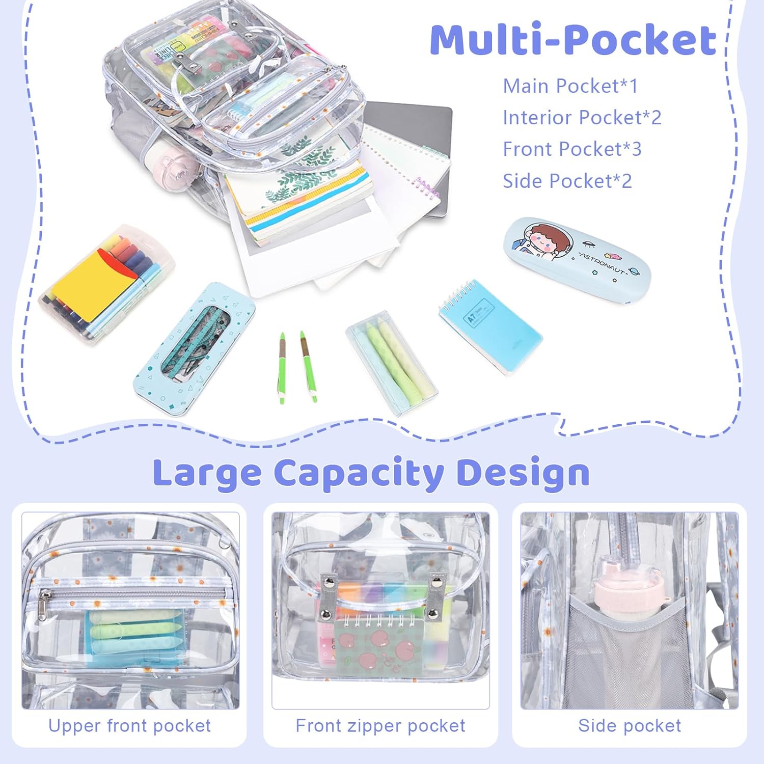 Clear Backpack for Girls - 3 Pcs Clear Backpack Heavy Duty with Lunch Bag - See Through Bookbag Stadium Approved for Kids Middle High College School Sport Travel (Gray Daisy) - Image 3