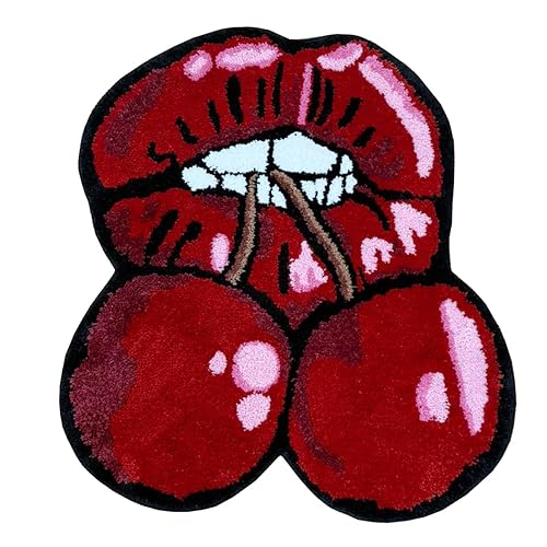 LAKEA Cherry Red Lips Creative Pattern Rug Cloakroom Game Room Housewarming Gift Handmade Non-Slip Unique Decorative Carpet Floor Pad