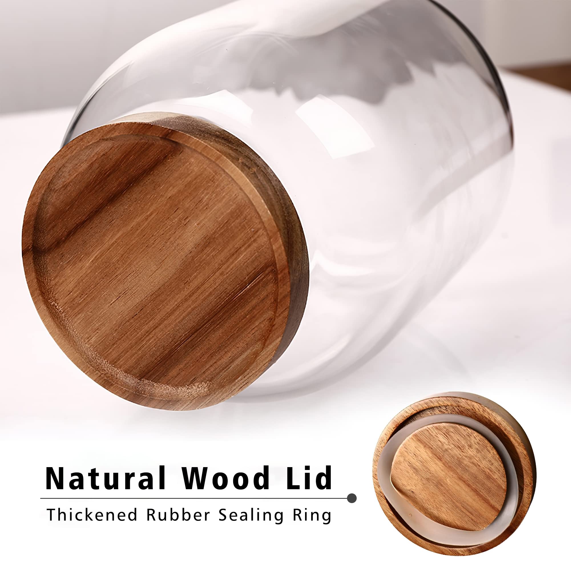 Tarro de almacenamiento de vidrio de 2000 ml con tapa de madera, apilable, cilíndrico transparente, tarro de despensa con tapa de bambú hermética para alimentos, café, harina, espaguetis,