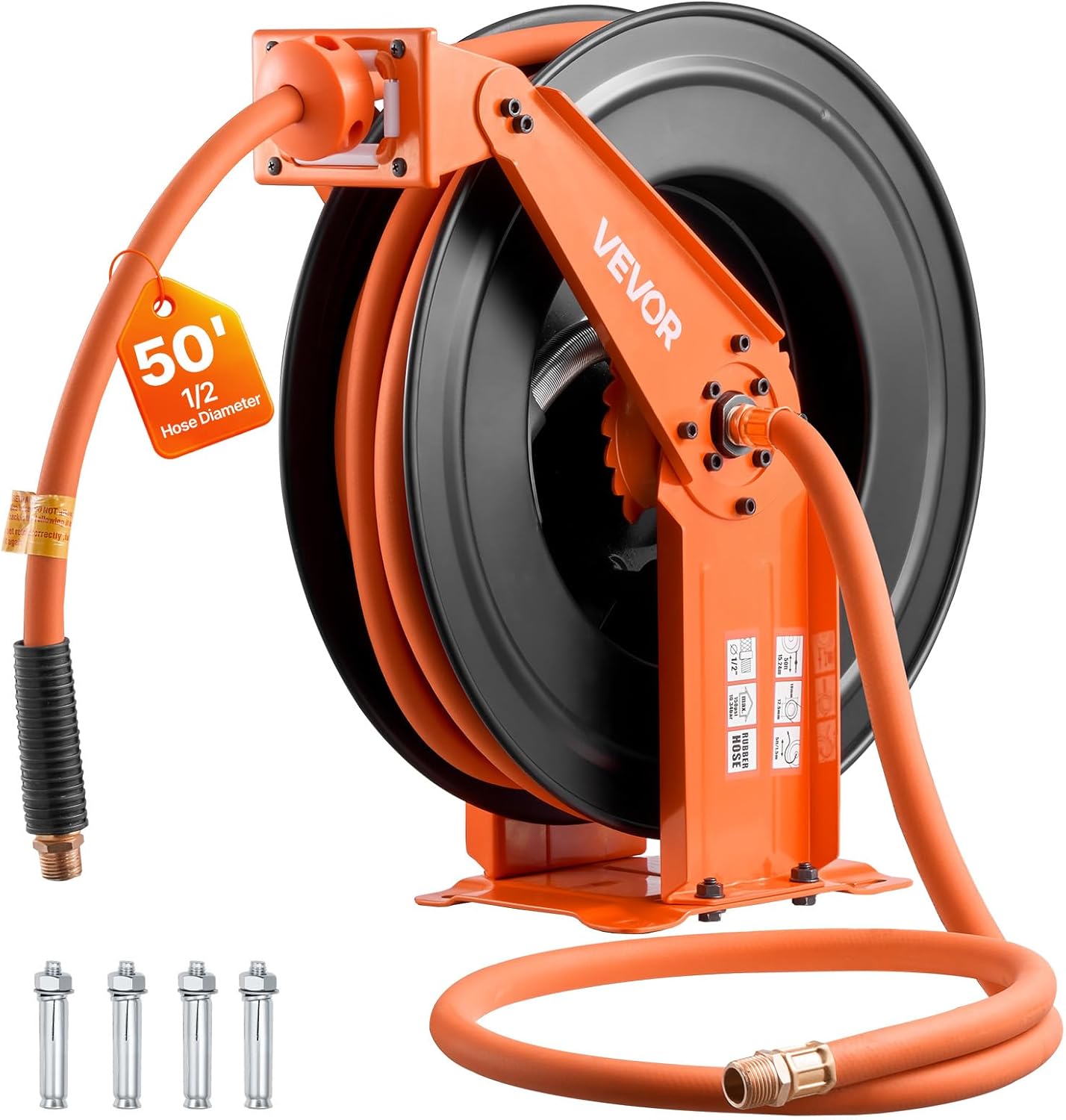 VEVOR Retractable Air Hose Reel, 1/2 Inch x 50 FT Rubber Air Hose Max 300PSI, Auto Rewind Air-Compressor Hoses Reel with 5 ft Lead in, Ceiling/Wall Mount Heavy Duty Steel Double Arm