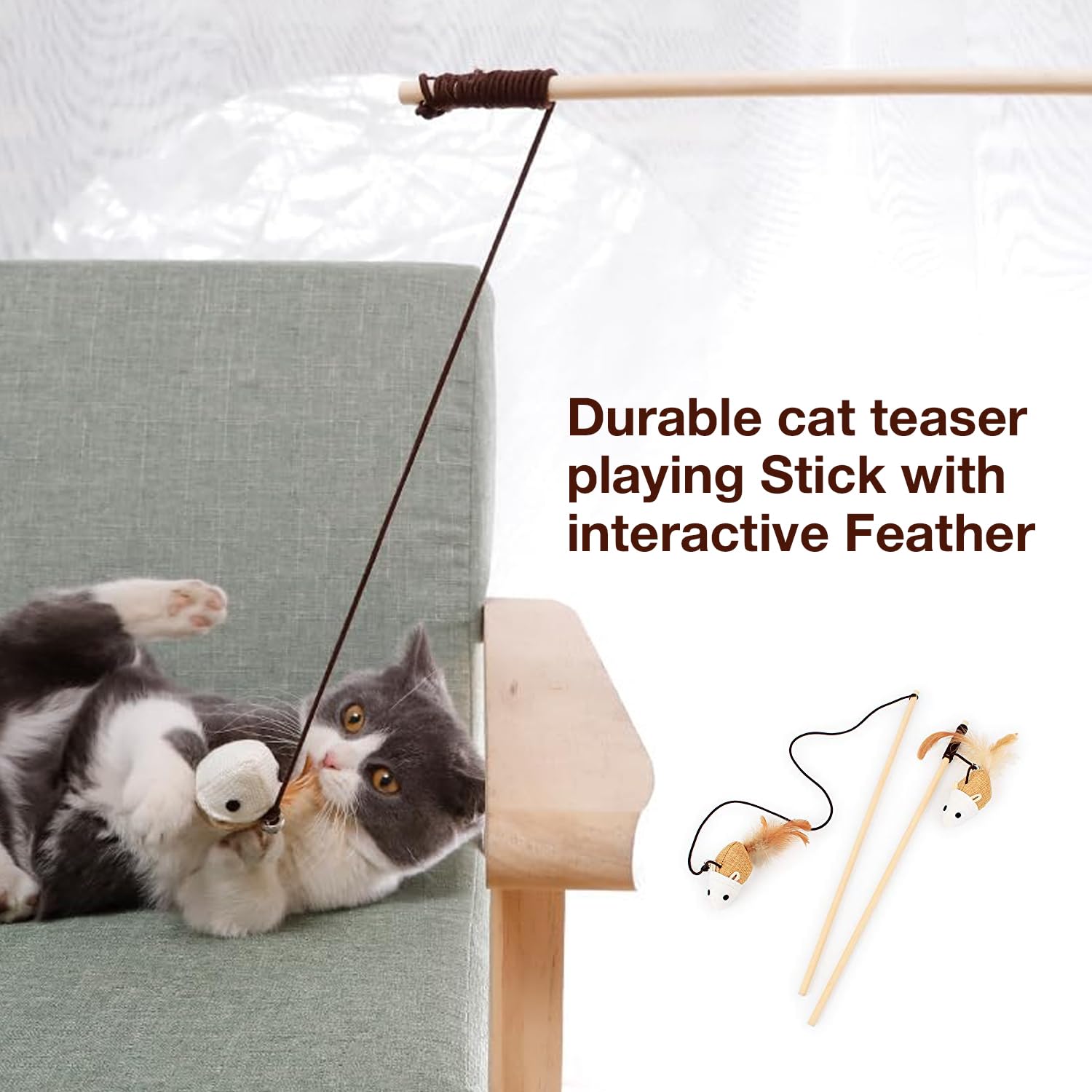 Petbabas Cat and Dog Playing Stick |Durable Dog and cat Teaser Playing Stick with Interactive Feather| Non- Slip and Non Toxic Durable Teasing Wand Toy with Rope (Multi) 2