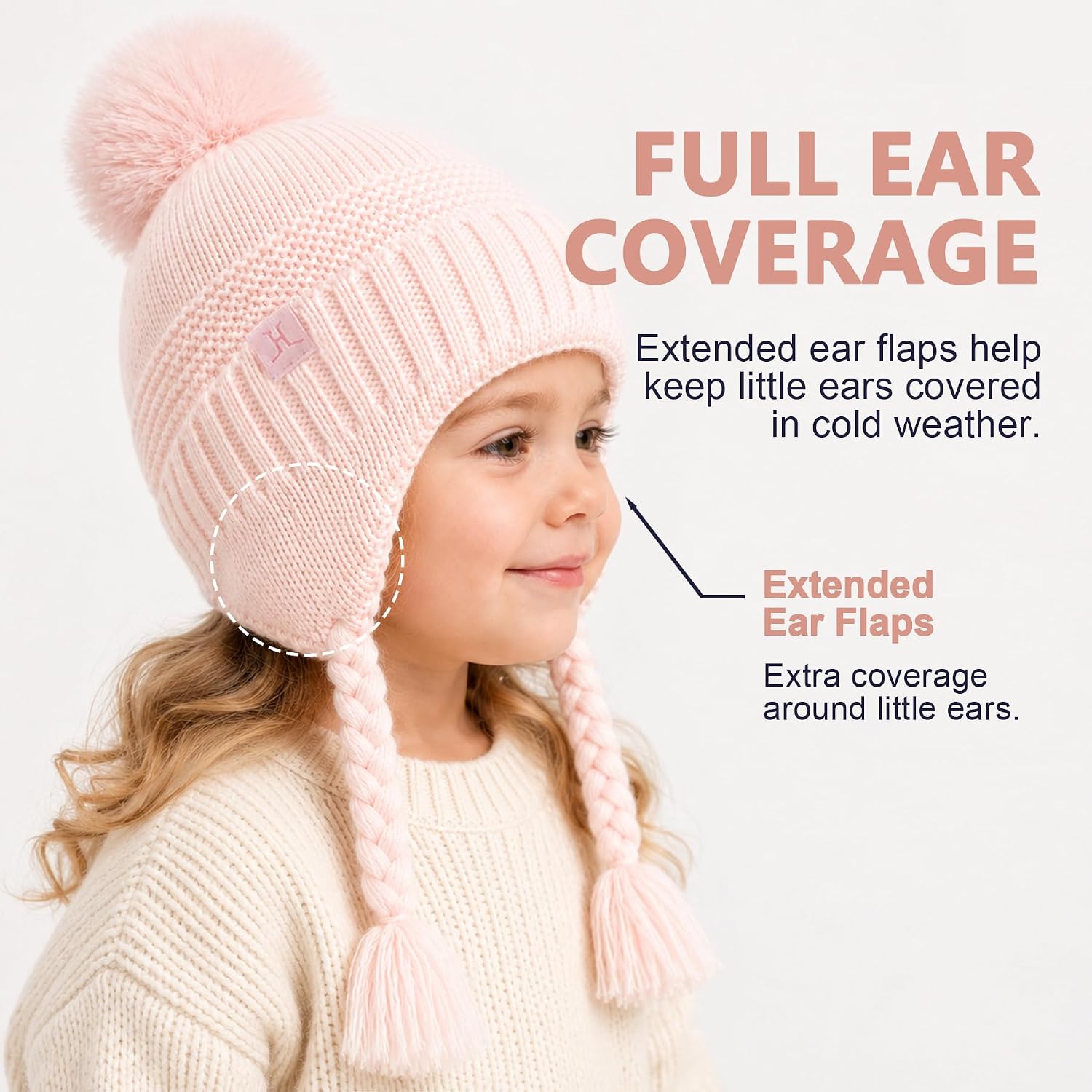 Baby Girl Winter Hat and Mittens Set, Wool Blend Pom Pom Beanie With Ear Flaps, For Infant Toddler Girls 0-4T