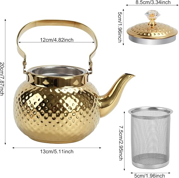 Hammered Tea Pot, Stainless Steel teapot Loose Leaf Kettle for Tea, Milk, Coffee, 1.2L Teapot with Strainer Stovetop Tea Kettle, Outdoor Travel Supplies, Tea Gift Sets for Women