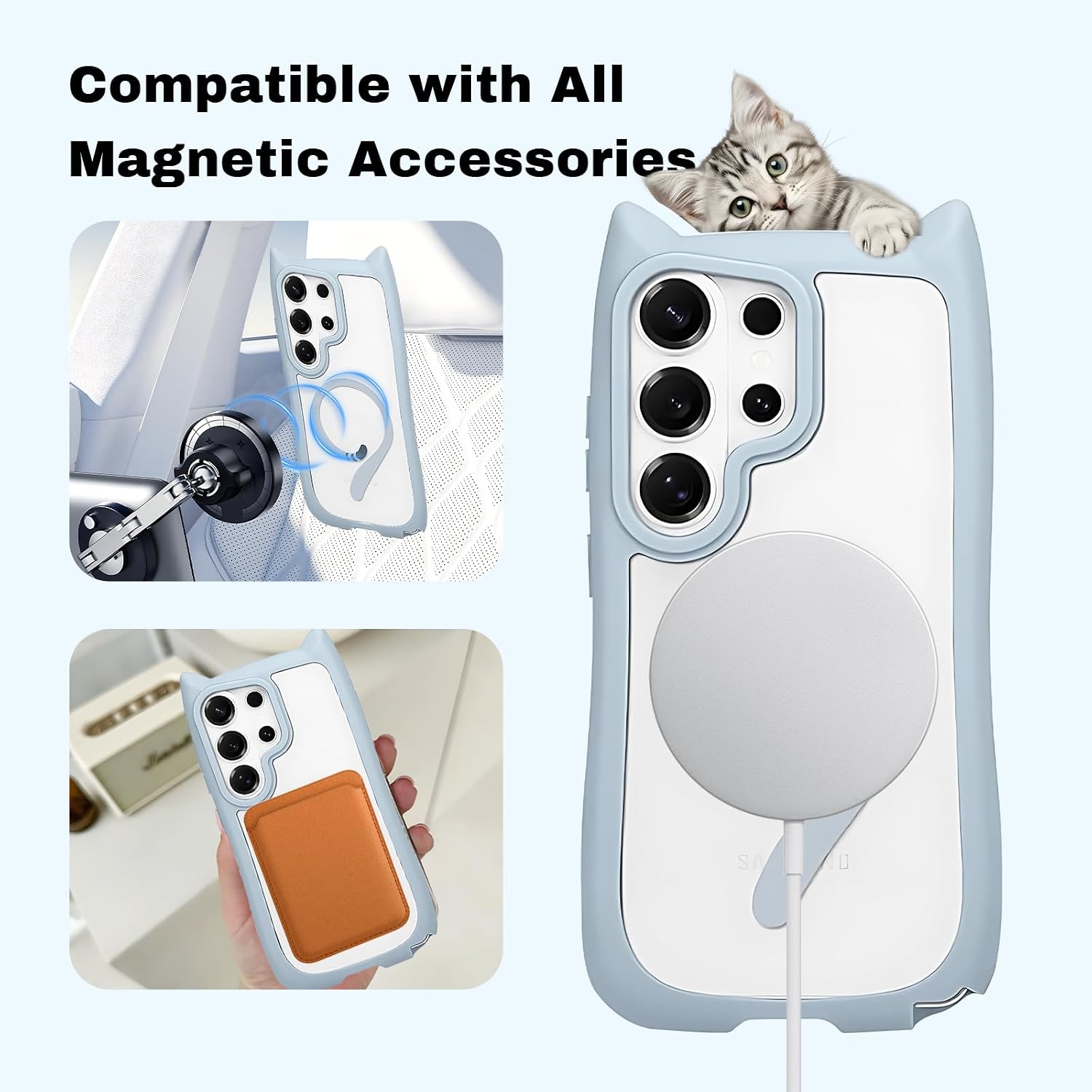 LMA Cute Clear Phone Case Fit for Samsung Galaxy S26 Ultra Magnetic Cases Kawaii Cat Ears Compatible with MagSafe Shockproof Protective Cover for Women Girls - Blue image 4