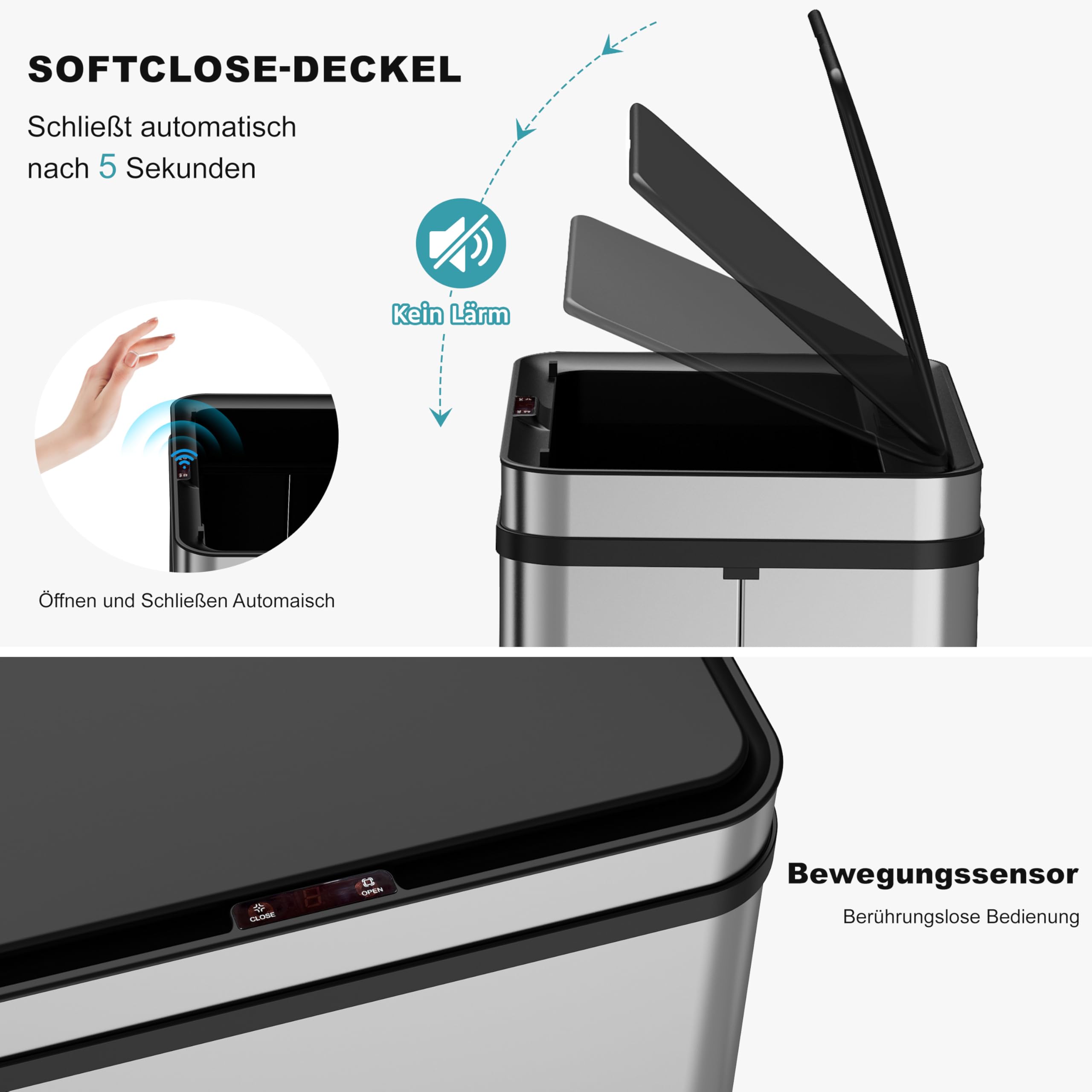Ribelli Edelstahl Mülleimer 70 Liter - Abfalleimer mit Sensor - Automatisches Öffnen und Schließen - Küchenmülleimer mit LED-Funktionsanzeige, Silber
