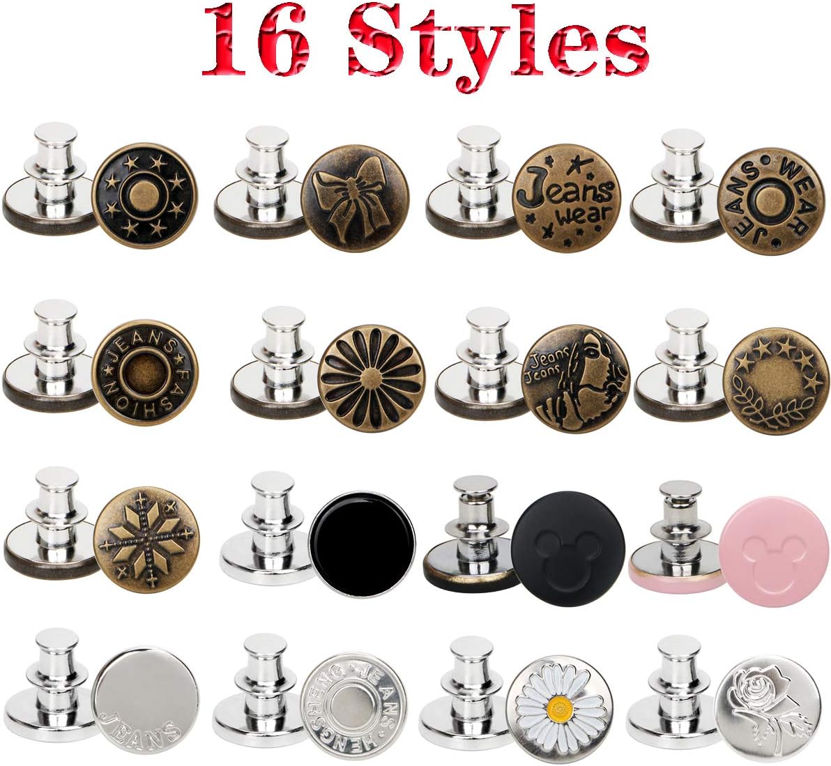 Adjustable Jeans Button Pins Instant, Zehhe 16 Sets Button Pins for Jeans No Sew Detachable Pants Waist Instant Button in Seconds DIY(17mm)