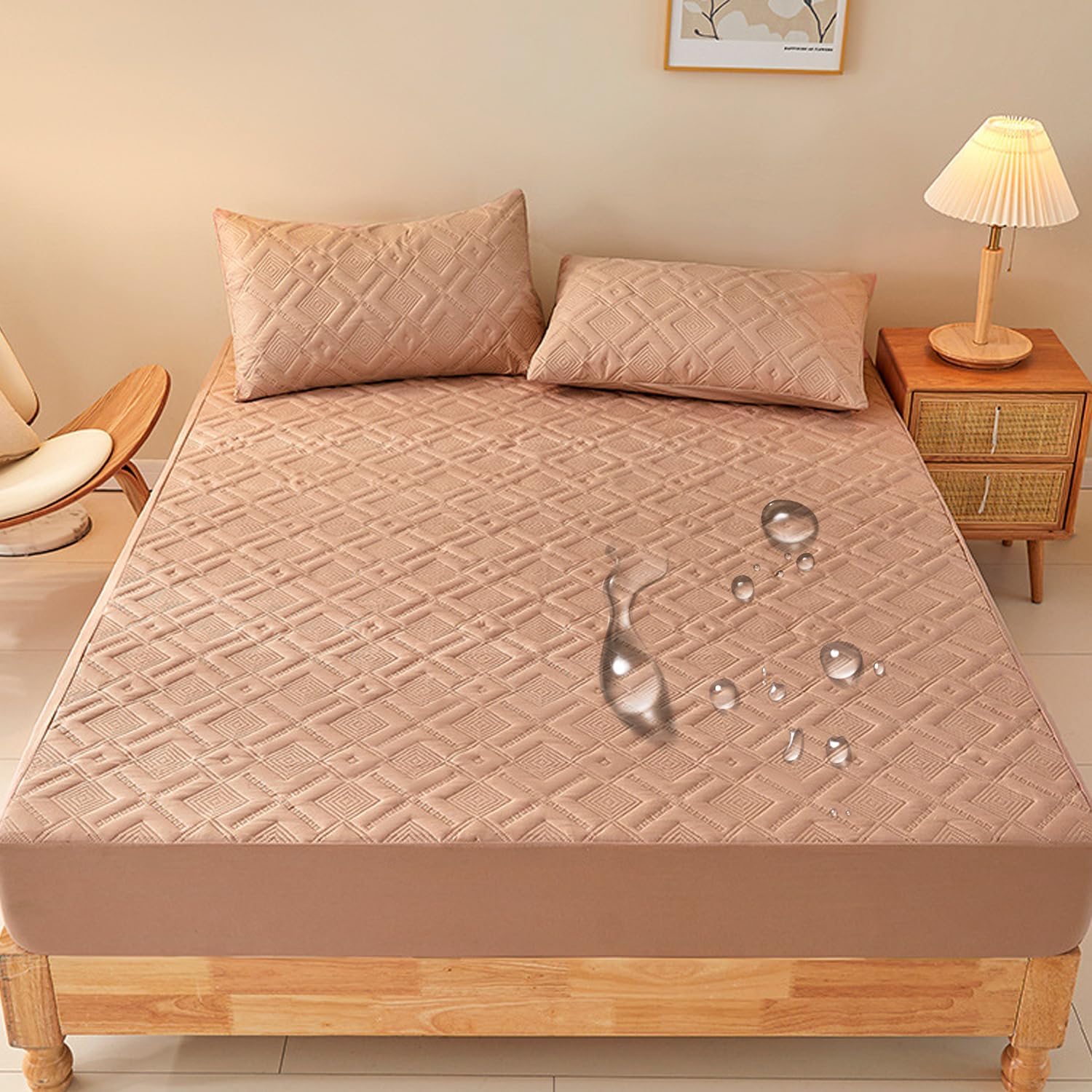 Waterproof Fitted Mattress Pad Cover Protector Queen Size Bed Dustproof Skin-Friendly Mattress Cover Fitted Sheet Non-Slip and Soft 2-12In Deep Pockets,A/khaki,Twin90x200cm