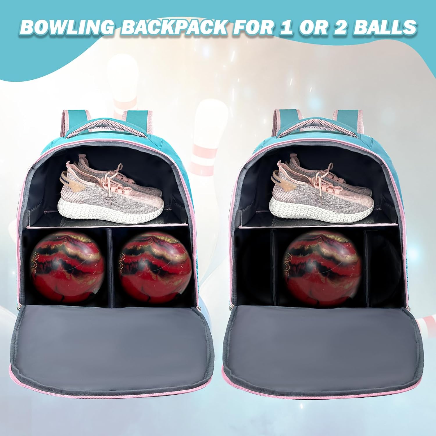 WOLT Bowling Ball Bag,2 Ball Bowling Backpack with Protective Foam Padded & Shoe Compartment Fits Up to Mens Size 16
