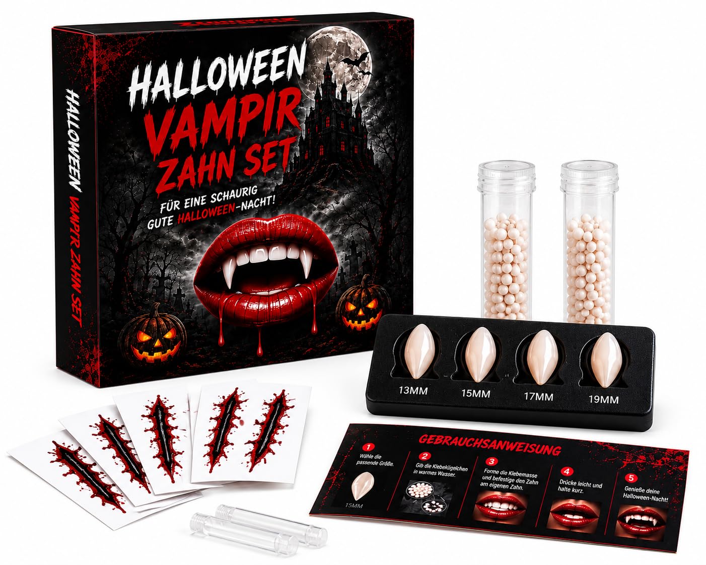 TK Gruppe Timo Klingler XXL Halloween Set Vampirzähne zum Aufstecken Set Vampirgebiss zum Ankleben - für Dracula und Vampir Kostüme - Ideal für Halloween und Fasching