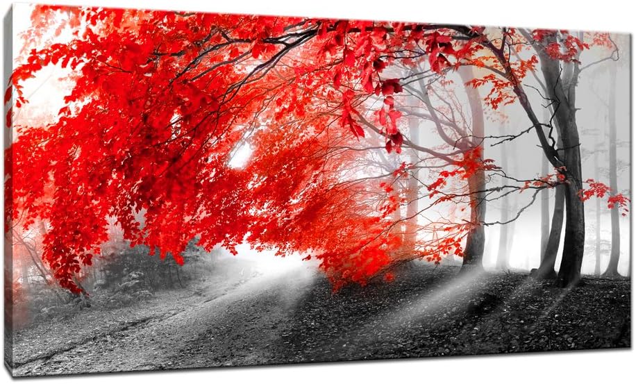 Wall Art Painting Canvas Print Contemporary Red Tree In Black And White Style Fall Landscape Picture Modern Giclee Stretched And Framed Artwork (Large Size 20x40inch)