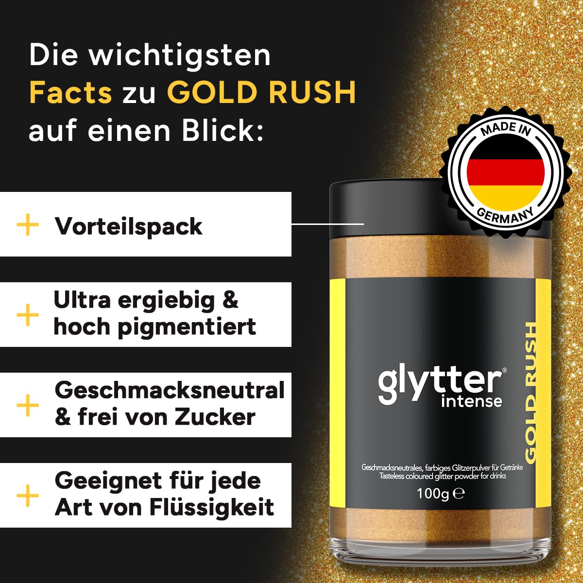 Glytter Glitzerpulver INTENSE Gold Rush für Getränke, trinkbares geschmacksneutrales Glitzerpulver für 1000 Getränke MADE IN GERMANY