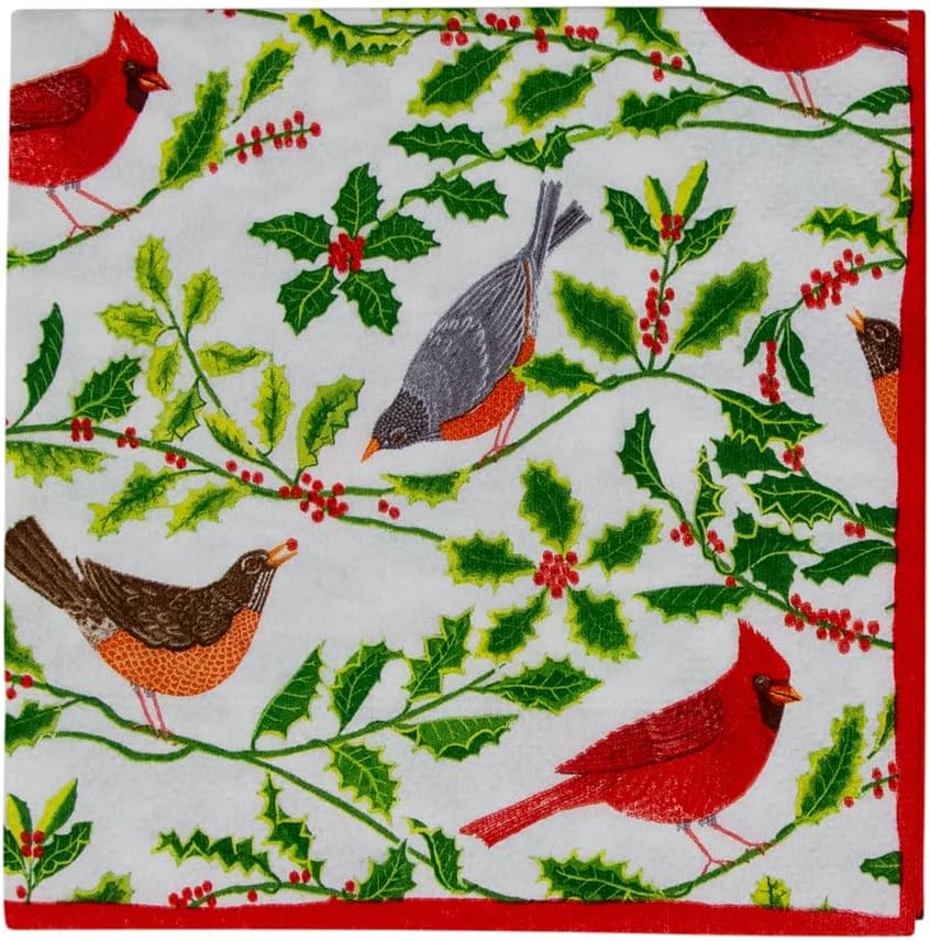 Caspari Songbirds and Holly Paper Cocktail Napkins in White - 20 Per Package, 4 Packs