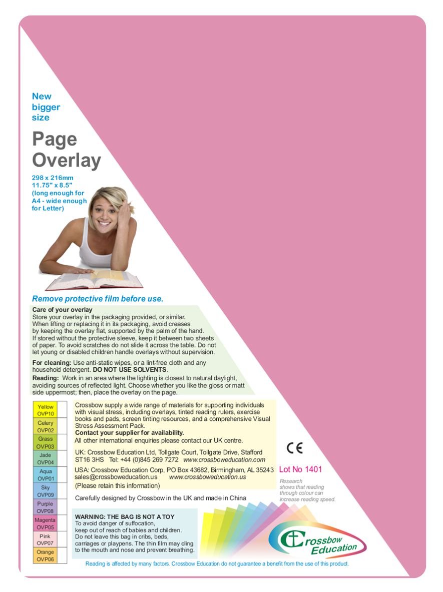 Dyslexia-Friendly Tinted A4 Page Overlays - Magenta (Pack of 10) - by Crossbow Education Dyslexia and Visual Stress Specialists