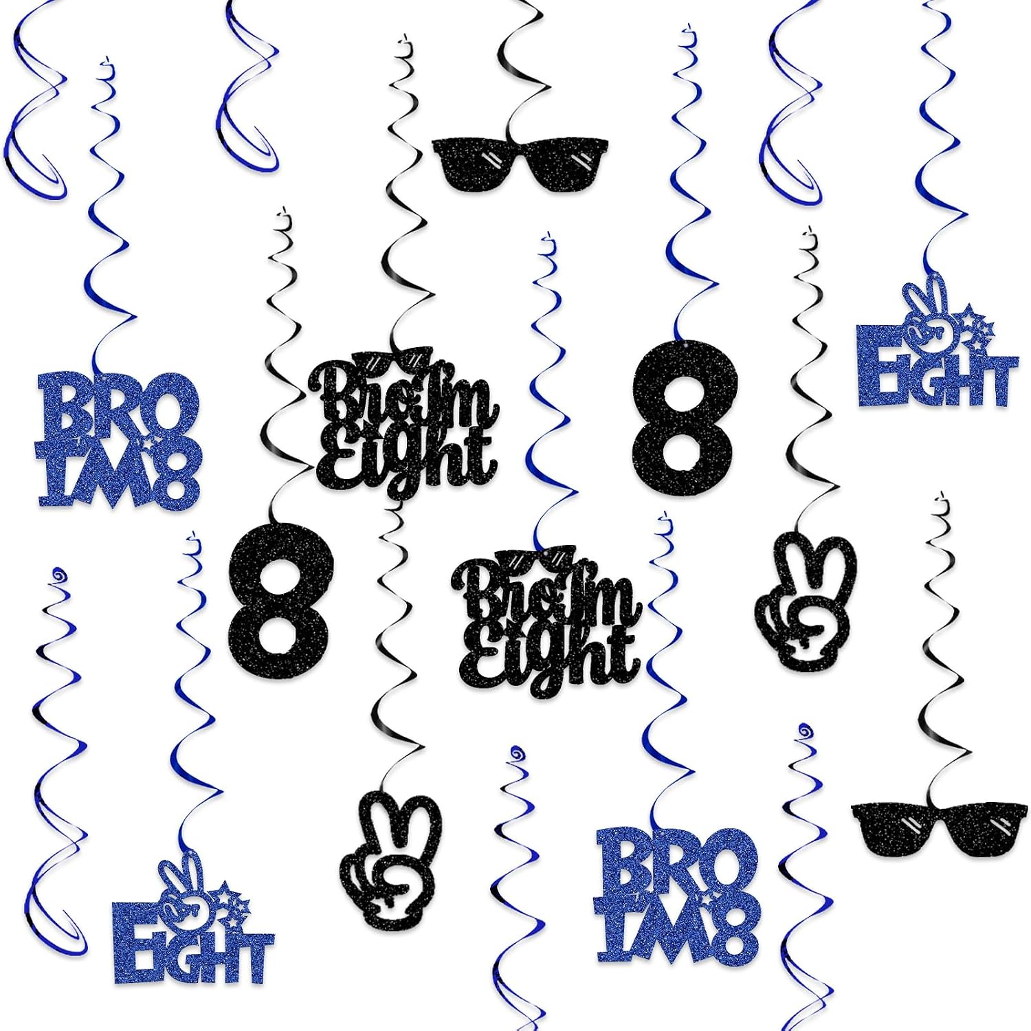 8th Birthday Decorations for Boys, Black Blue Glitter Bro I’M 8 Hanging Swirls, Brother 8 Year Old Birthday Party Supplies