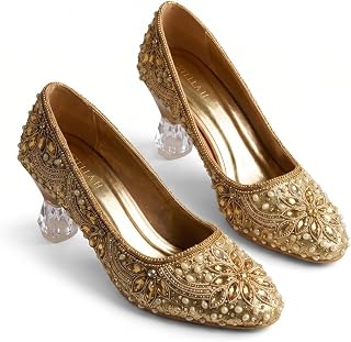 Women’s Embellished Gold Festive Heels | Handcrafted Bridal Pointed-Toe Pumps with Pearl & Stone Work | Transparent Designer Block Heel | Elegant Party & Wedding Footwear