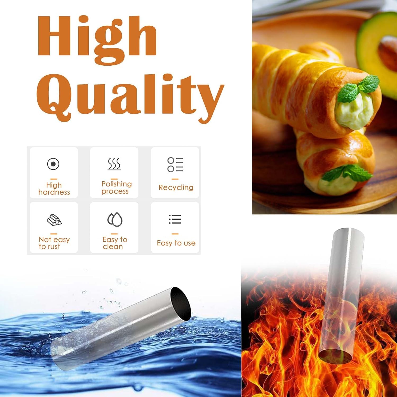 6Pcs Non-stick Cream Horn Molds Stainless Steel, 4.92inch Cannoli Tubes Kit