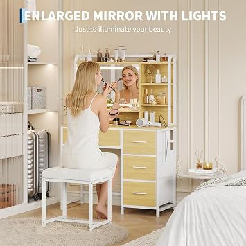 Jojoka Vanity Desk with Mirror and Lights, 35.4 Makeup Vanity Table with 4 Fabric Drawers & Storage Shelves, Adjustable LED Lights,Vanity Dressing Table for Bedroom