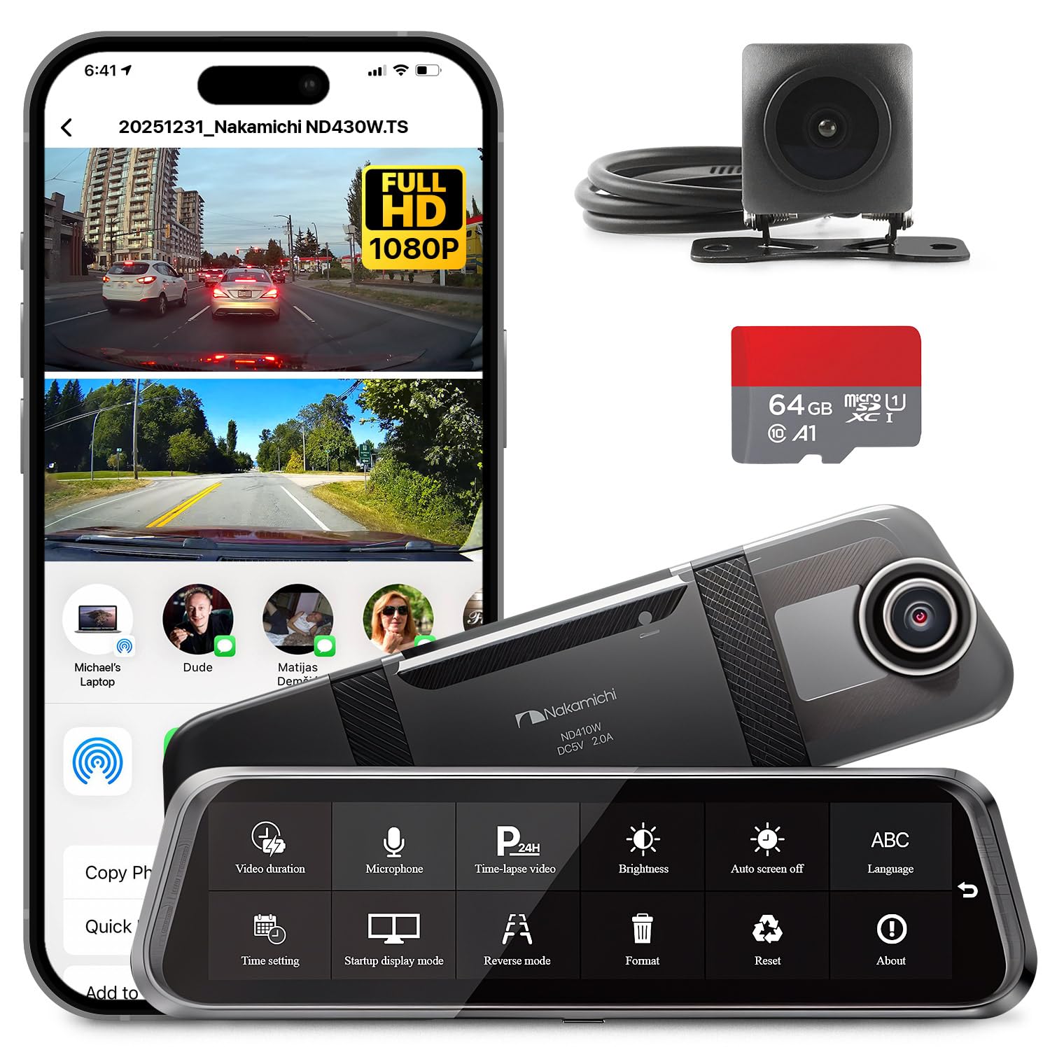 Nakamichi ND410W Dash CAM 1080p Frontal y Trasera, Espejo Retrovisor Digital, Asistencia de Estacionamiento, Visión Nocturna WDR, Grabación en Bucle, WiFi, Control por App, Tarjeta SD 64GB Incluida