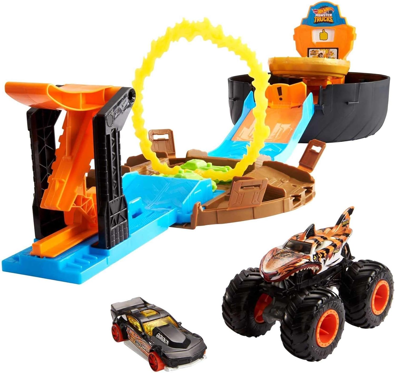 Hot Wheels Monster Trucks Stunt Tire Play Set Opens to Reveal Arena with Launcher, 1 1:64 Scale Car & 1 Monster Truck, Portable Toy Gift Set for Ages 4 to 8 Years Old, Black