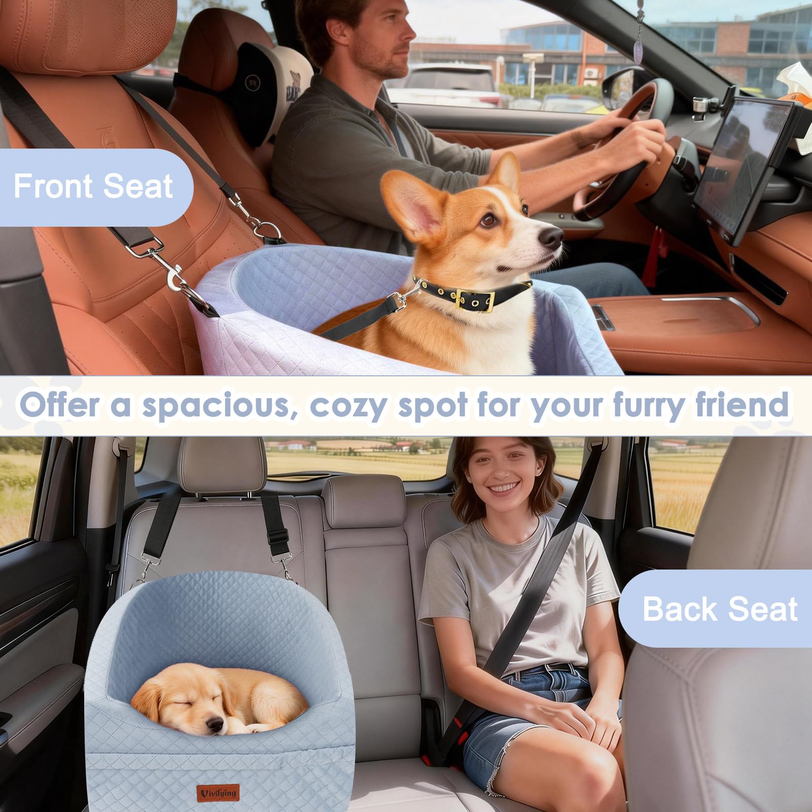 Vivifying Asiento de coche para perros pequeños y medianos, asiento para perros lavable con correa de seguridad y bolsillos de almacenamiento, asiento elevado para el asiento delantero y trasero, gris