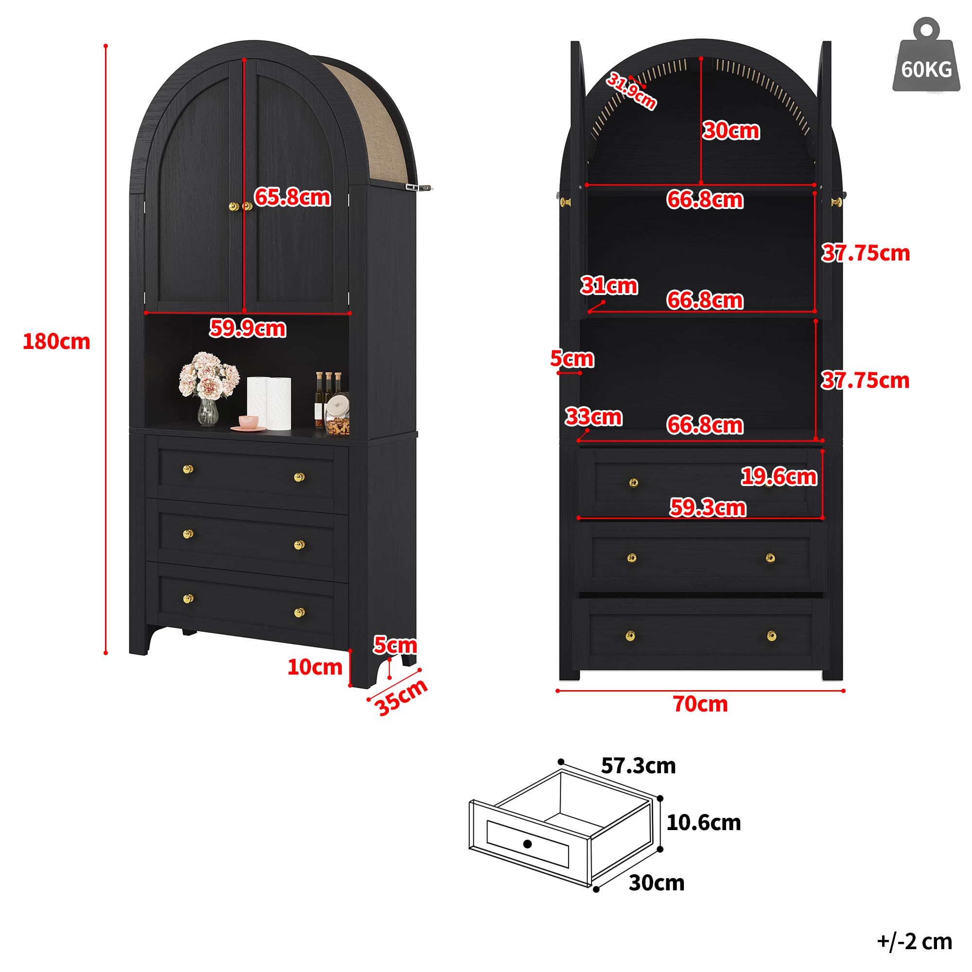 Armoire de rangement à 3 tiroirs, armoire multifonction haute | Zone d'exposition ouverte, armoire de cuisine avec portes arquées, pour cuisine, salon, couloir, 70 x 35 x 180 cm, noir