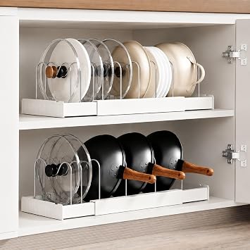 Hsmihair 2 Pack 58CM Expandable Pots and Pans Organiser, Anti-Scratch Pan Lid Holder with 10 Adjustable Dividers Pan Organiser for Cupboard Countertop/Inside White