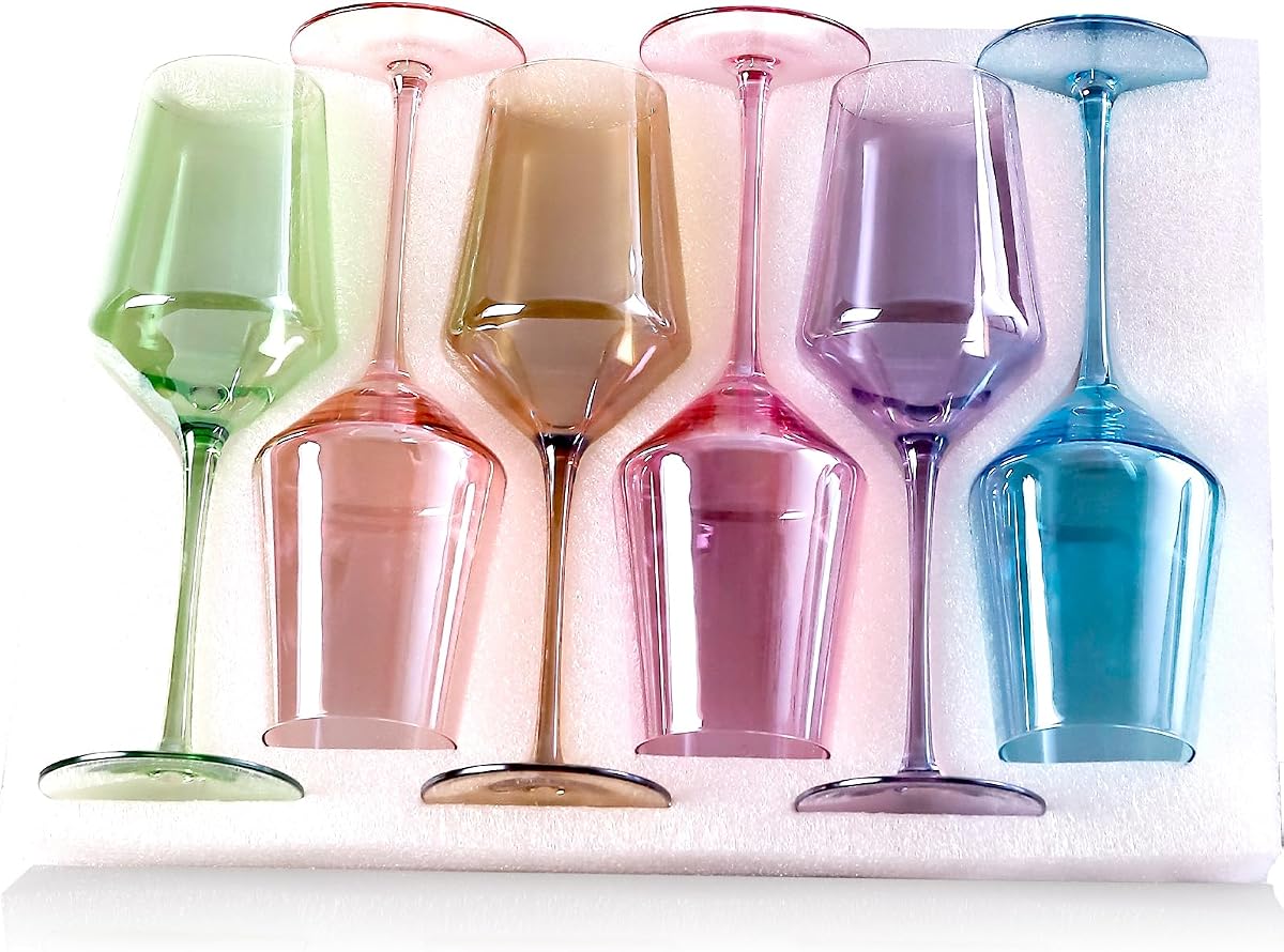 Physkoa Juego de copas de vino de colores de 6-15 oz de cristal soplado a mano, cristalería colorida con tallo largo, cristalería multicolor para amantes del vino, bodas, regalos de cumpleaños de Navidad para mujeres