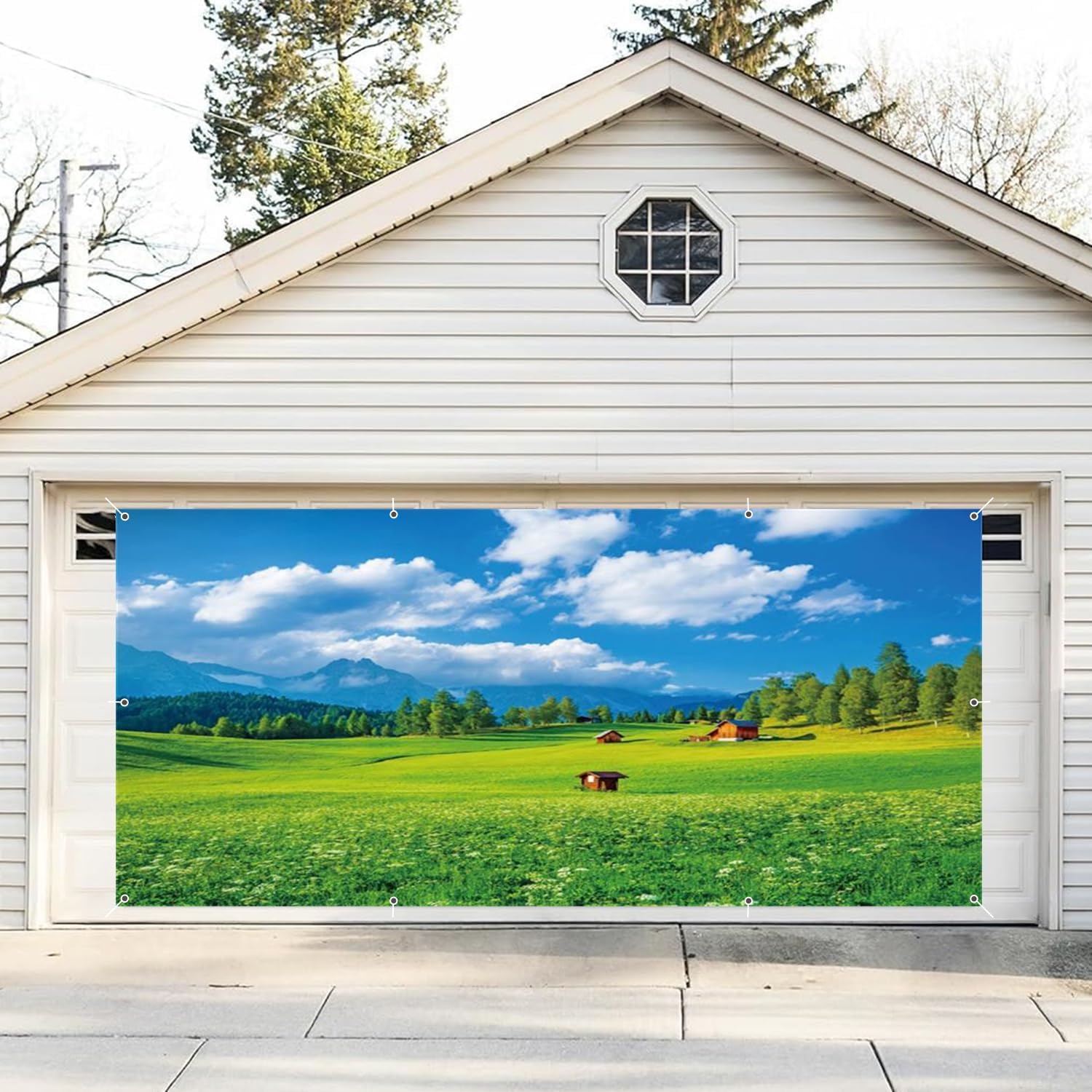 Spring Green Grassland Garage Door Cover Banner Decorations Backdrop 7x16ft Large Lawn Pastures Landscape Natural Scenery Garage Door Banner Birthday Party Baby Shower Outdoor Garage Door Decorations