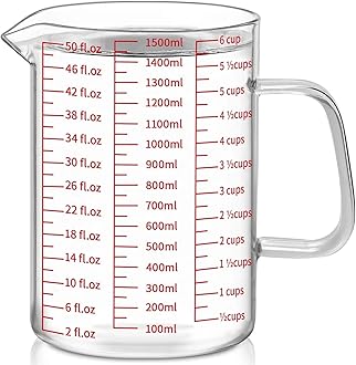 Luvan Glass Measuring Jug 1.5L/6 Cup, Easy to Read with 3 Measurement Scales (Ml/Oz/Cup), Insulated Handle and V-Shaped Spout, High Borosilicate Glass Measuring Jug, Ideal for Kitchen or Restaurant