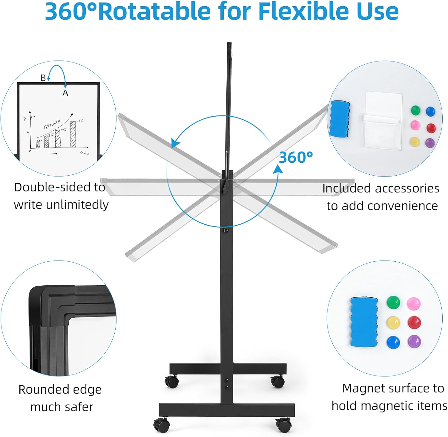 VOWNER Rolling Whiteboard, 40” x 28” Double Sided WhiteBoard on Wheels, Height Adjustable Dry Erase Board with Stand, Magnetic Mobile White Board for Office, Home, Classroom, Black
