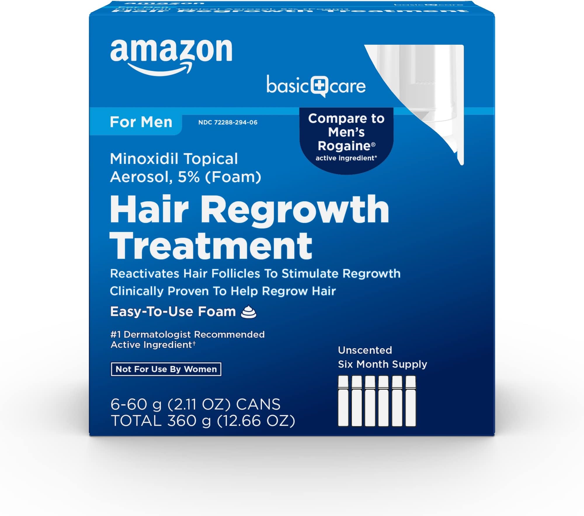 Minoxidil Topical Aerosol, 5% Foam, Hair Regrowth Treatment for Men, Unscented, 2.11 oz, 6-Month Supply (6-Pack)