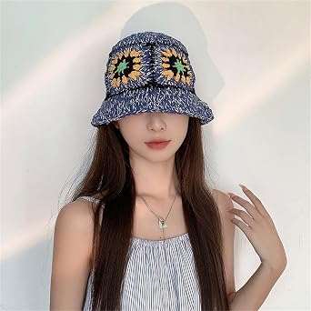 Crochet Bucket Hat Women Trendy Knit Floral Floppy Cap Cute Boho Flower Handmade Beanies Outdoor Boho Travel Fishing Hat