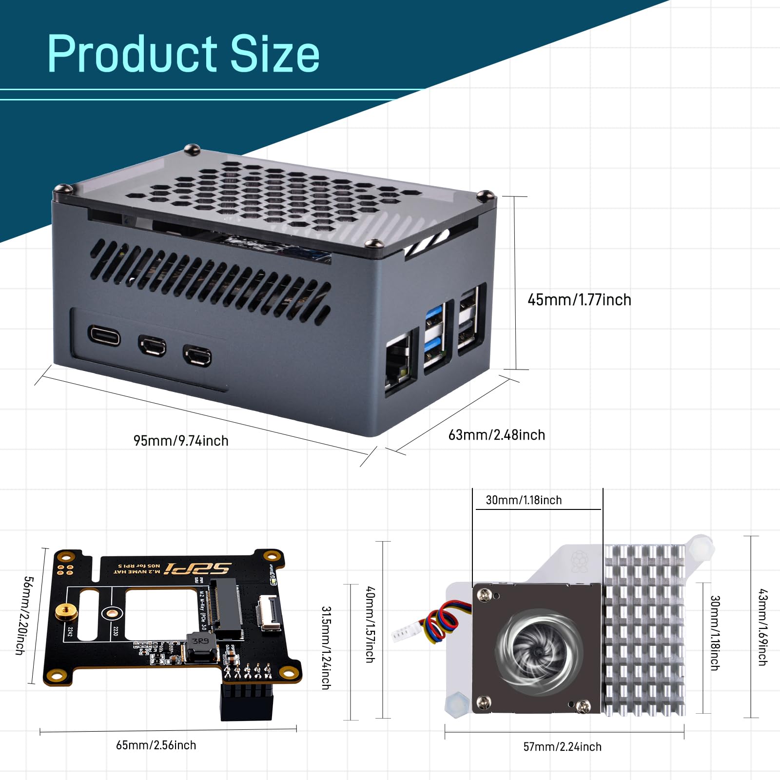 GeeekPi Aluminum Case for Raspberry Pi 5, with Pi 5 Official Active Cooler, N05 M.2 NVMe SSD PCIe Peripheral Board, Support M.2 NVMe SSD 2230 2242