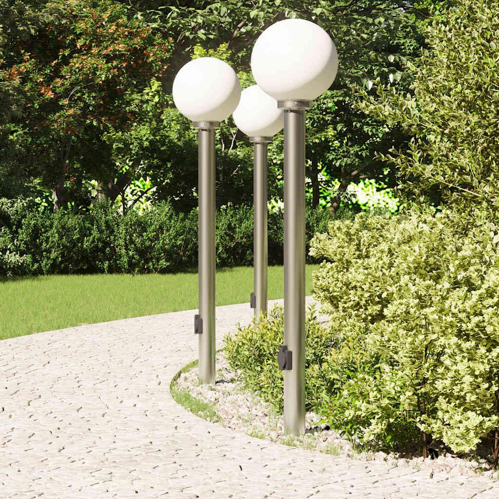 Lampy słupkowe ze stali nierdzewnej z ochroną IP44, 3 sztuki, wysokość 120 cm, z gniazdkiem, do użytku na zewnątrz, na taras, do ogrodu, oświetlenie drogi, trwałe, nowoczesne, stojące
