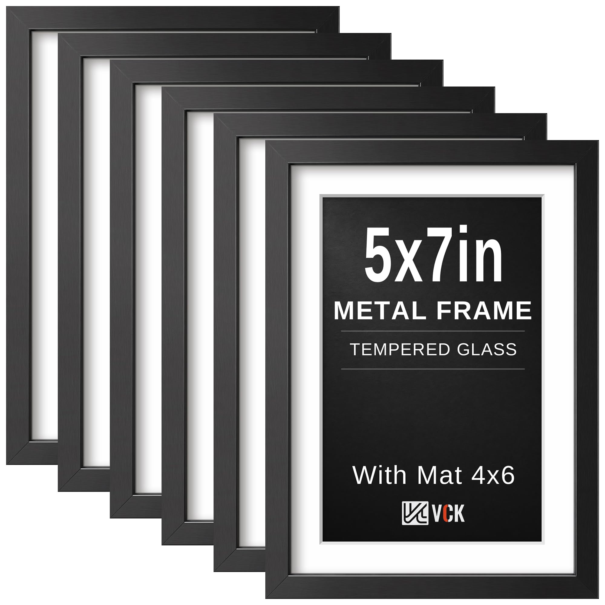 VCK 5x7 Picture Frame Black Metal, Real Glass, 4x6 Mat, Set of 6, for Print
