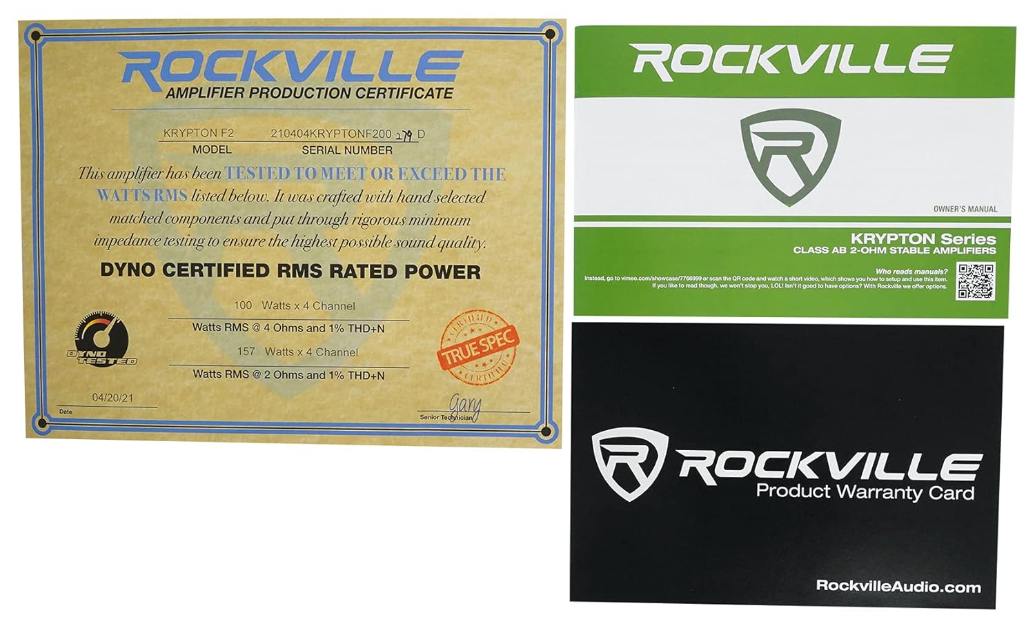 Rockville Krypton F2 Bundle: 4 Channel 2400-Watt Peak / 600-Watt RMS Car Stereo Amplifier, RWK42 4 Gauge Installation Wiring Kit with RCA Cables, 2-Items