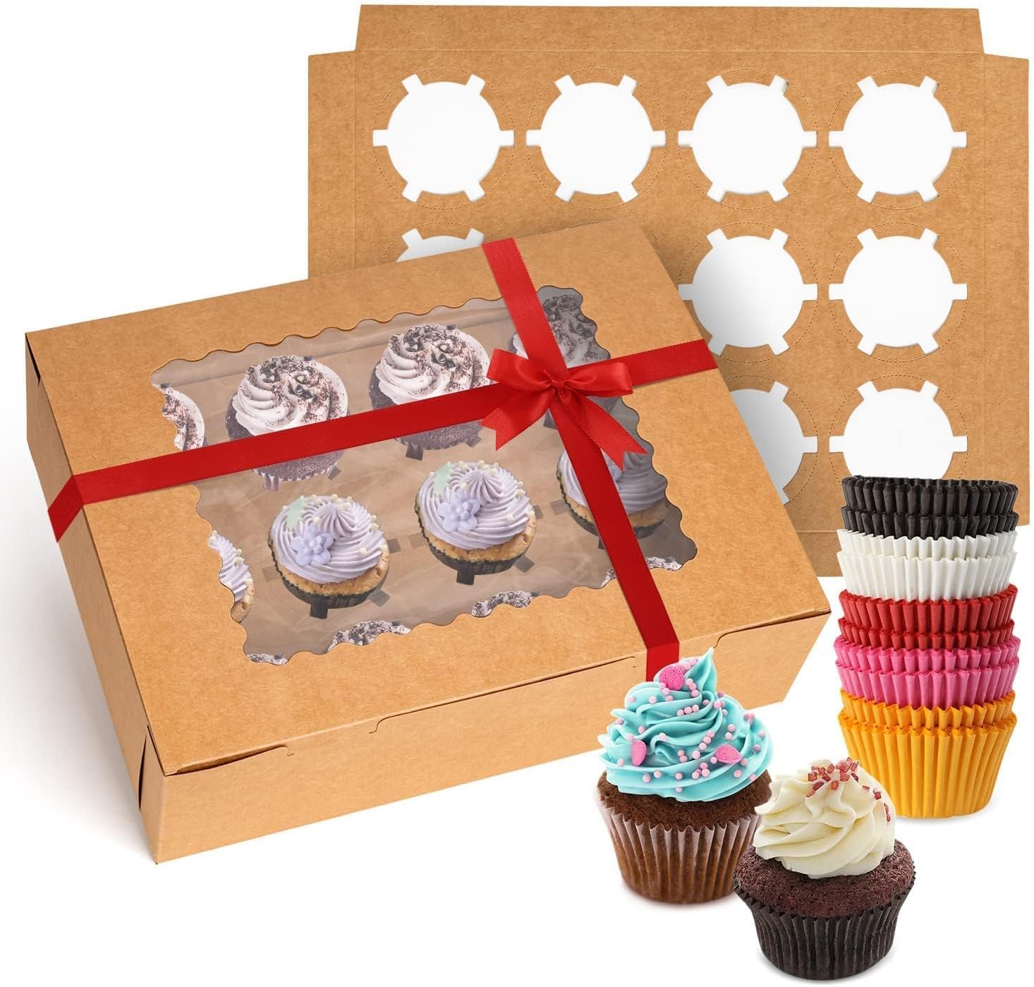 Rarapop6-Set Cupcake Boxes Hold 12 Standard Cupcakes, Food Grade Cupcake Holders Bakery Carrier Boxes with Windows and Inserts for Cupcakes, Muffins and Pastries（BROWN