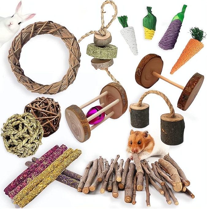 小动物玩具套装 - 13件木制豚鼠、兔子、仓鼠咬牙护理玩具