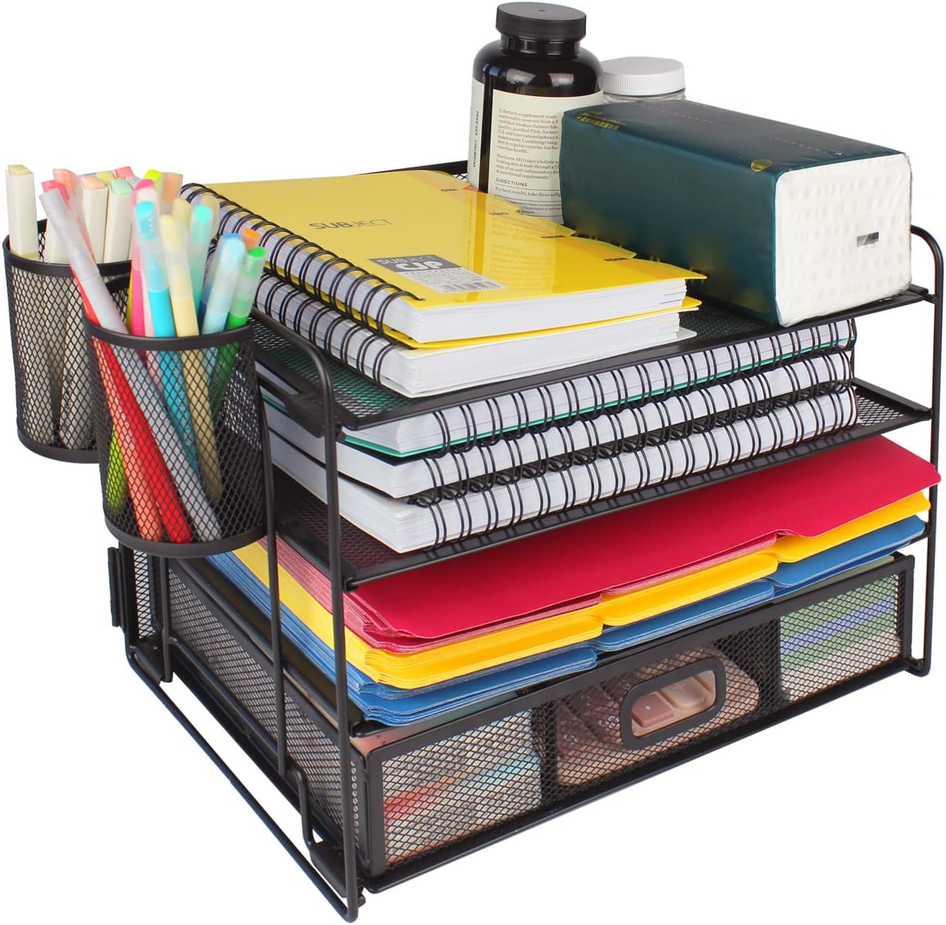 FancoYard Desk Organizers Set, Mesh Office Supplies Paper File Organizer for Desk with Pen Holder, Notebook, Pencil Storage Accessories with 4 Trays + Sliding Drawer, Black : Office Products