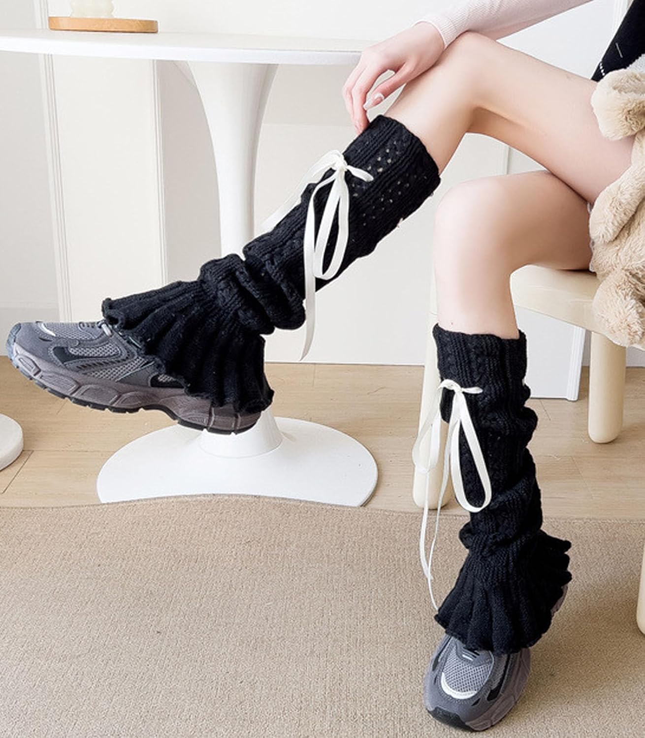 SherryDC Girl's Cute Knit Leg Warmers Kawaii Bowknot Ruffled Trim Knee High Leg Sleeve Socks Women - Image 3