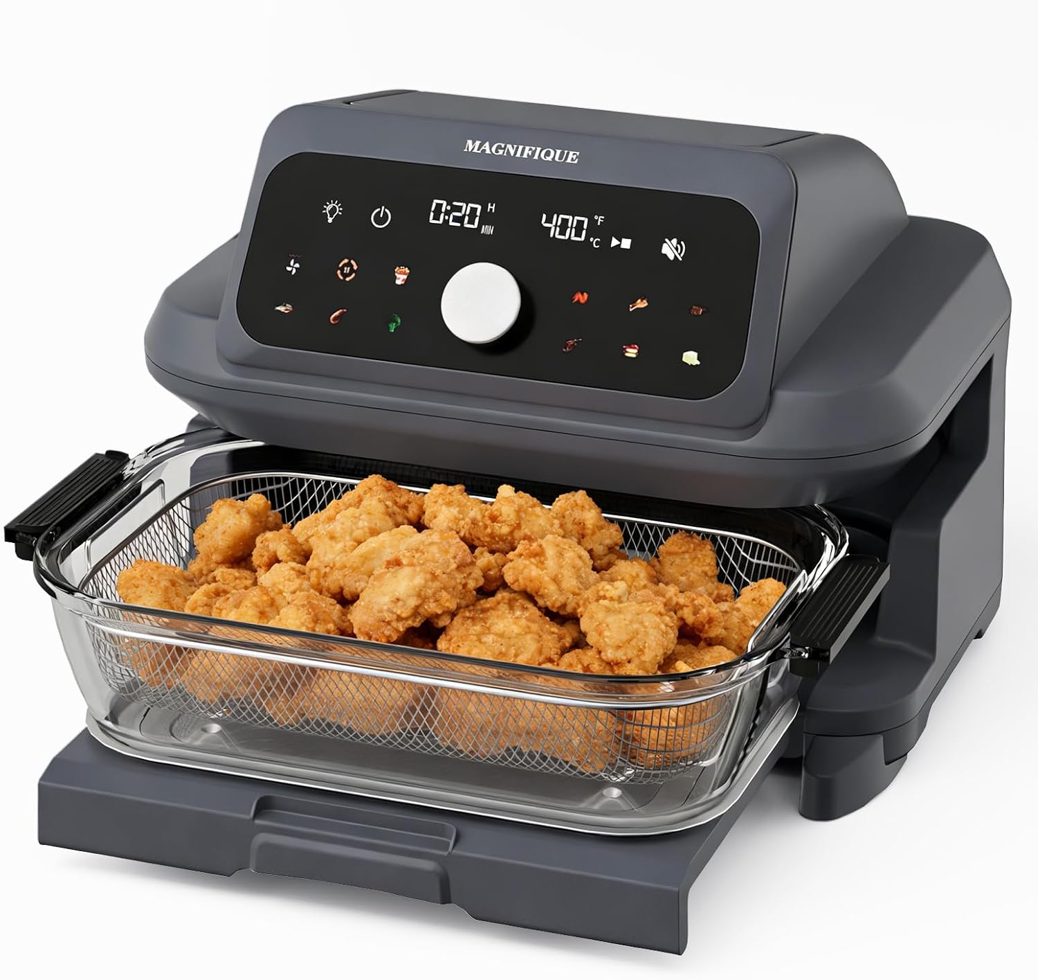 MAGNIFIQUE Casserole Air Fryer 6 Quart Large Capacity, Glass Air Fryer Oven Non Toxic, 12-in-1 Digital Touchscreen, Full Glass Viewing Window, Rapid Hot Air Circulation, Includes Basket & Storage Lid