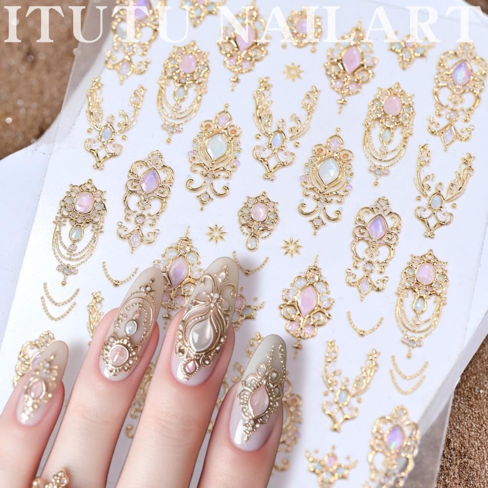 Self-Adhesive Gem Nail Stickers Vintage Style Totem Nail Supplies Embossed Gold Jewelry Ribbon Nails Decals Pink Diamond Nails Designs Baroque Scepter Nails Art Decoration for Women Manicure 1 Sheet - Image 5