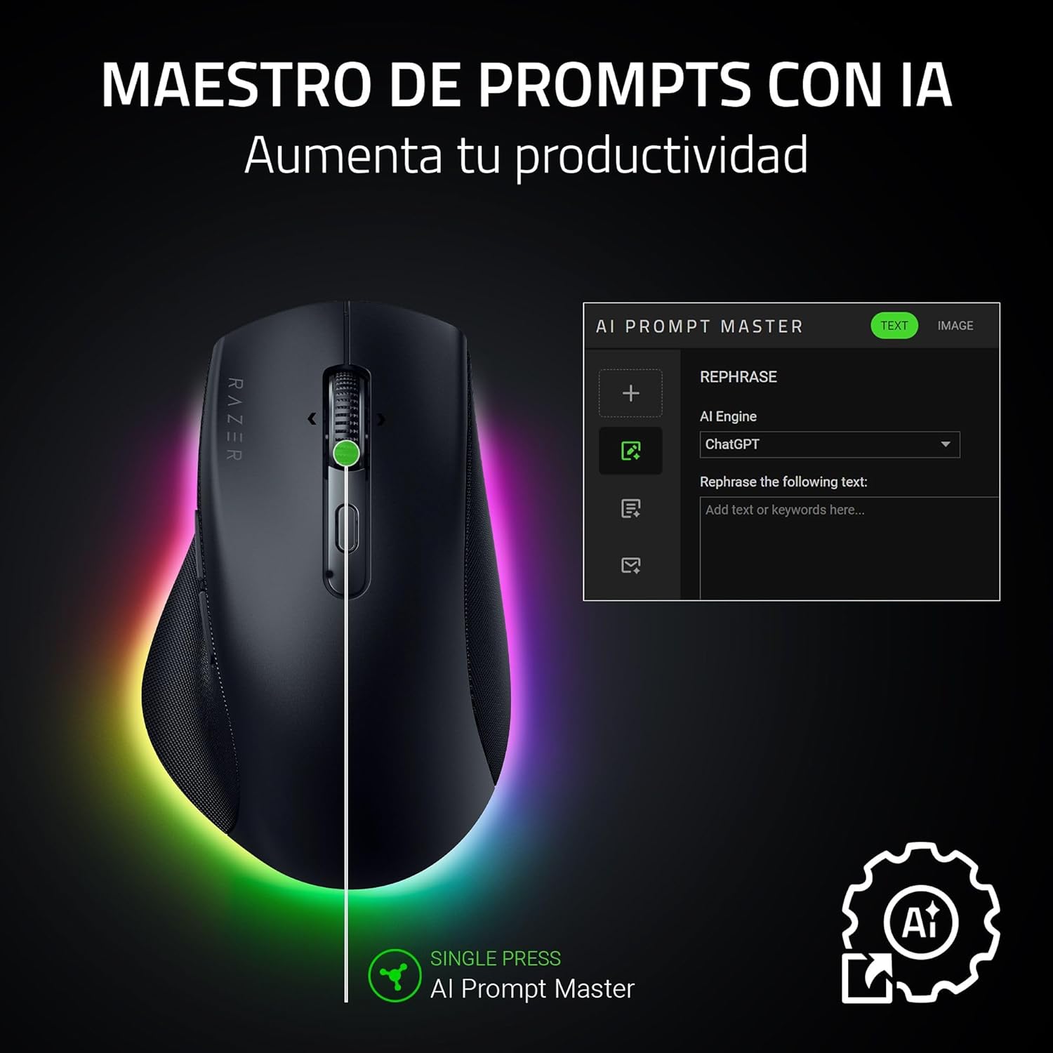 Razer Pro Click V2 – Ratón ergonómico inalámbrico – Asistencia IA Prompt – Sensor óptico de 30K – 3,5 Meses de duración de la batería (14 Zonas Chroma RGB, Rueda de ratón HyperScroll) Negro 4