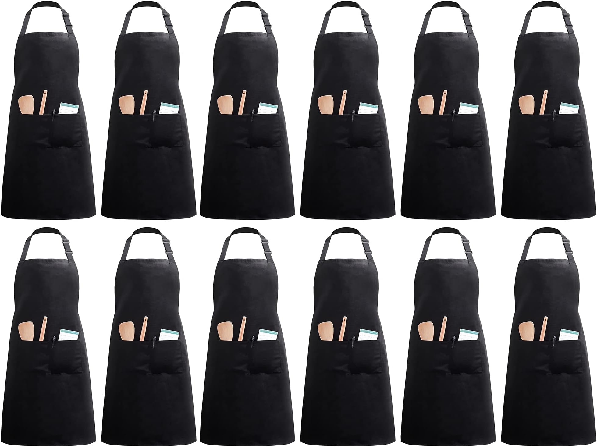 InnoGear Aprons 12 Pcs Chef Aprons with 2 Pockets Unisex Adjustable Men Aprons Women Aprons for Home Kitchen, Restaurant, Coffee house (Black, Polyester)