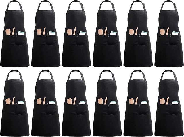 InnoGear Aprons 12 Pcs Chef Aprons with 2 Pockets Unisex Adjustable Men Aprons Women Aprons for Home Kitchen, Restaurant, Coffee house (Black Polyester)