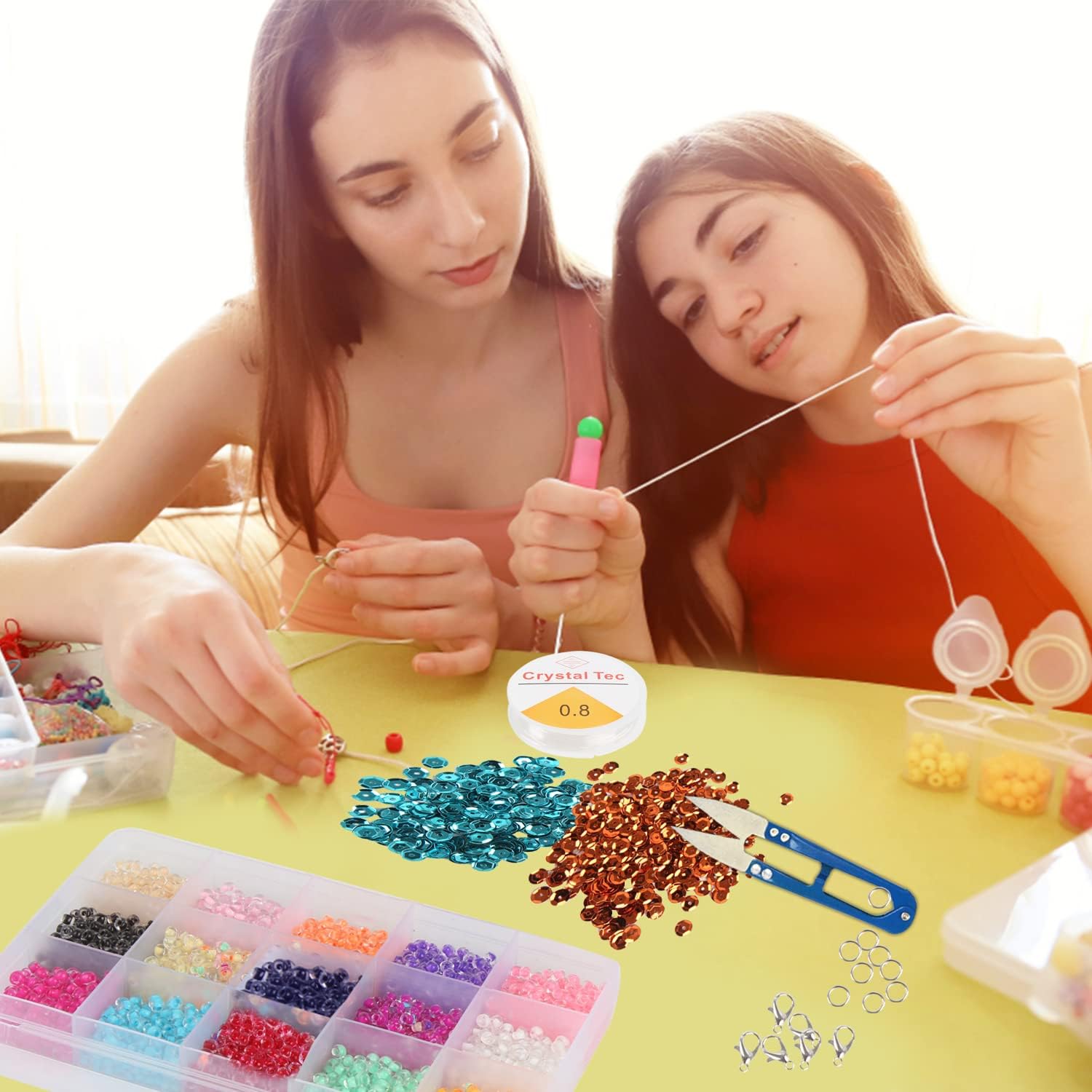 CCINEE 10322 Pcs Glass Seed Beads and Loose Sequins Kit, 4mm Small Craft Beads 6mm Tiny Spangles Kit with Bracelet String Scissors for Embroidery Applique Arts Handmade Crafts and Embellishment - Image 5